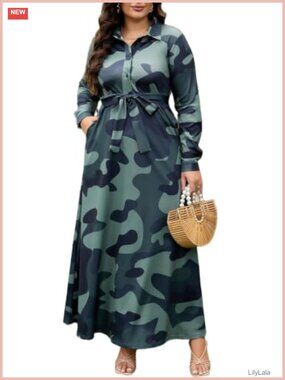 Plus Size Camo Maxi Shirt Dress Detachable Belt Curvy Women
